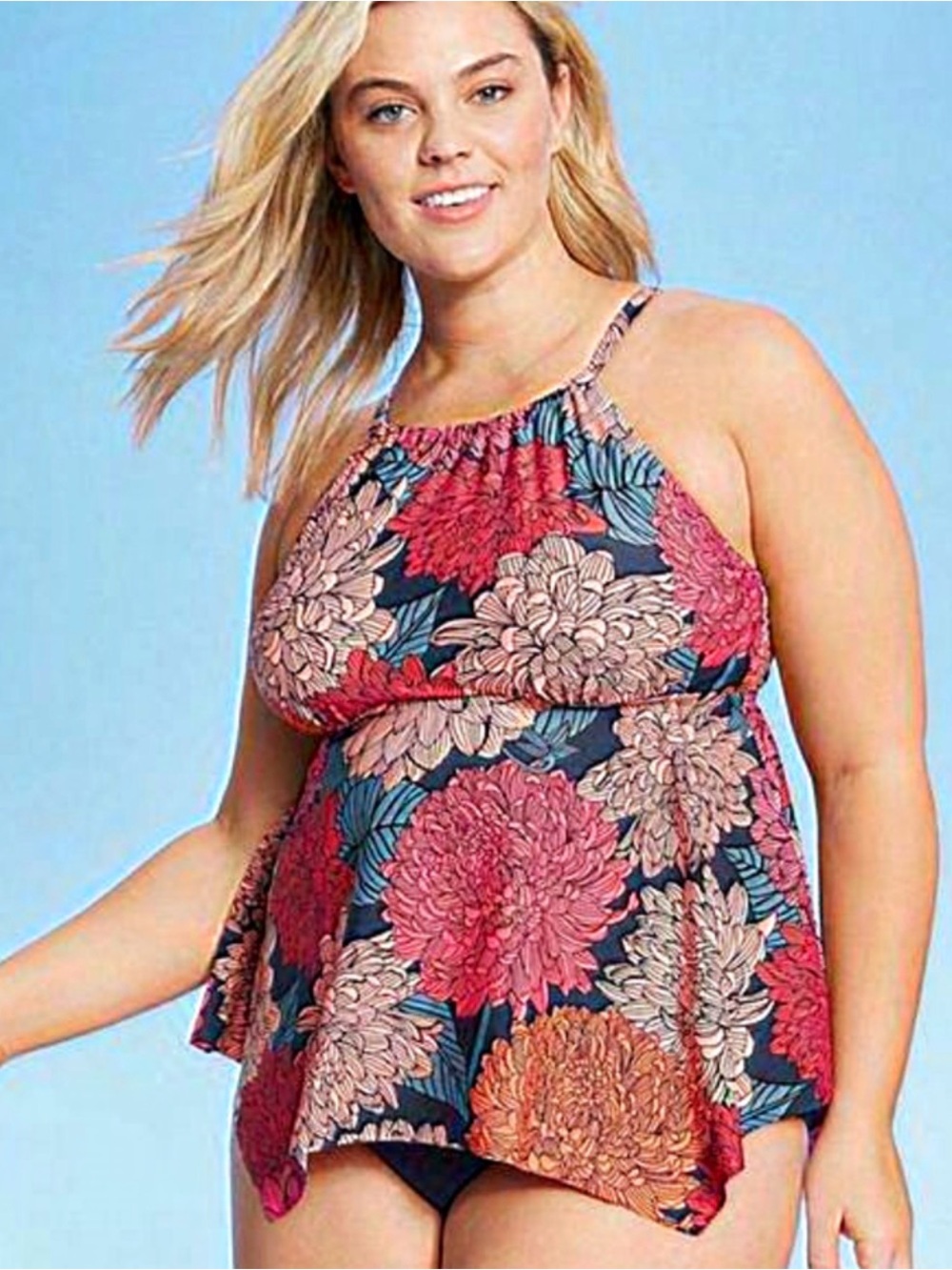 Kona Sol Plus Size Swim Navy Floral Halter Tankini Top with Coral Peach Blooms